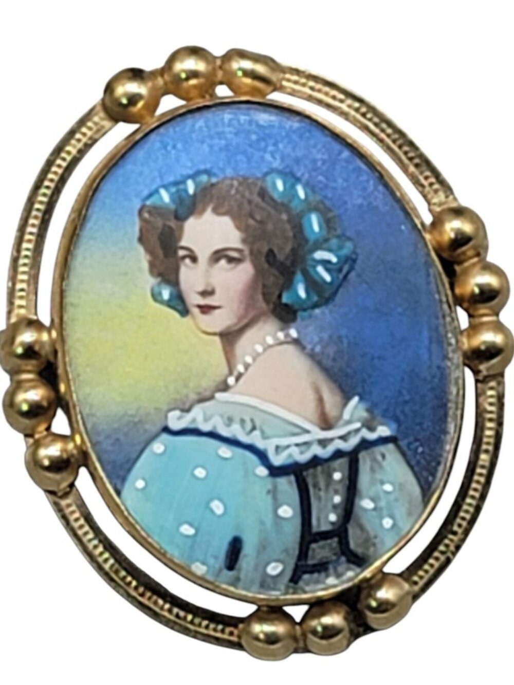 12Kgf Carl Art Victorian Lady Portrait Porcelain Brooch Signed CA Gold Filled